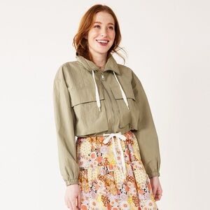 SO Juniors Utility Cropped Windbreaker Jacket Zip Oversized‎ Army Green Large
